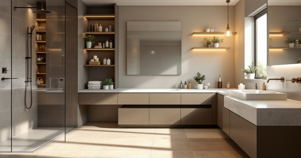 Modern gestaltetes Badezimmer mit großer Dusche, eleganten Holzregalen, langen Waschtischplatten und Pflanzen in einem hellen, freundlichen Raum mit natürlichem Licht und durchdachter Badezimmermodernisierung Planung.