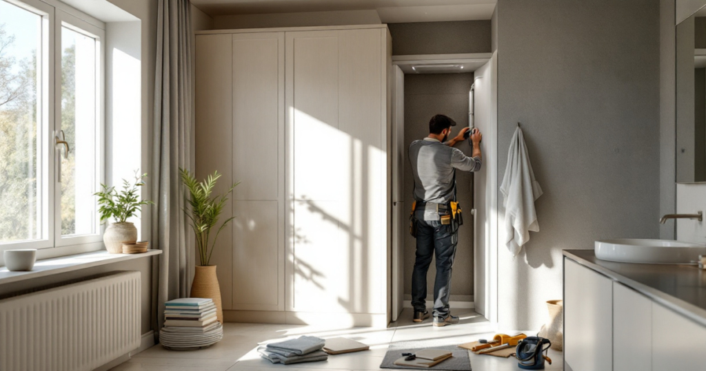 Ein Handwerker führt in einem hellen, modern eingerichteten Badezimmer Arbeiten an einer Wandinstallation durch, um die Effizienz des Wohnraums zu verbessern, was ein Beispiel für Energetische Wohnungsmodernisierung darstellt.