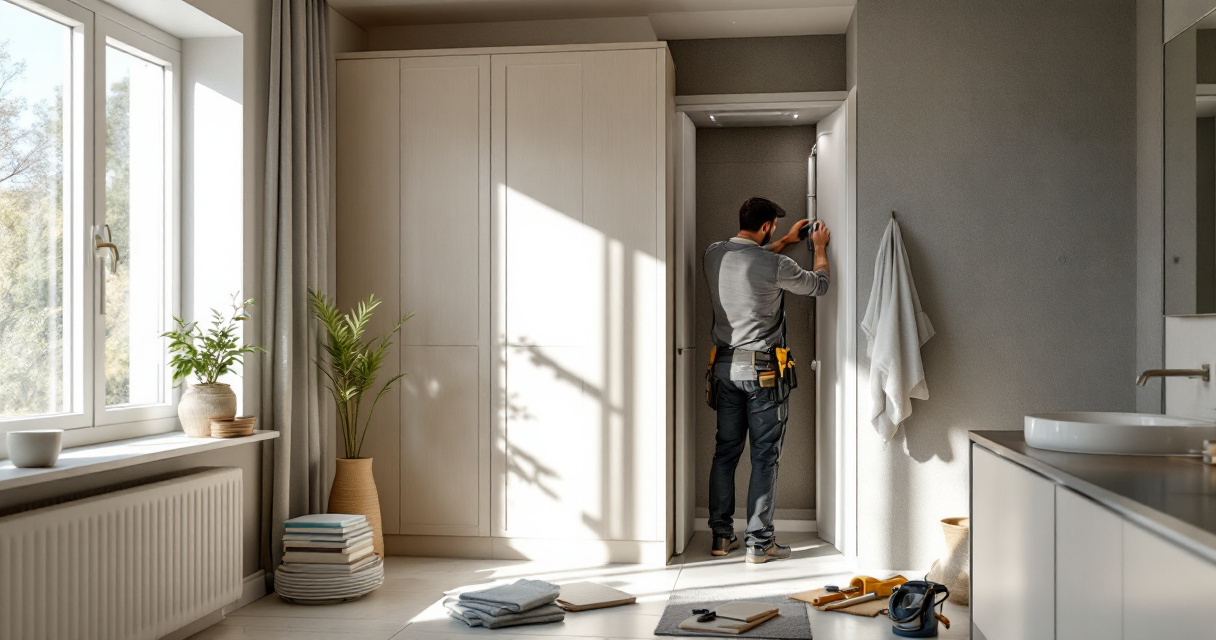 Ein Handwerker führt in einem hellen, modern eingerichteten Badezimmer Arbeiten an einer Wandinstallation durch, um die Effizienz des Wohnraums zu verbessern, was ein Beispiel für Energetische Wohnungsmodernisierung darstellt.
