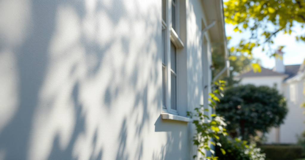 Weiße Hausfassade mit Fenster im Sonnenlicht, deren Oberfläche mit dem Fassadenanstrich Premium beschichtet ist und durch die Schatten von nahen Bäumen lebendig wirkt.
