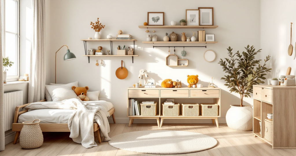 Helles und gemütliches Kinderzimmer Holzdesign mit einem Holzbett, sanften Textilien, einem Sideboard mit Körben, hängenden Regalen und dekorativen Pflanzen in einer warmen, einladenden Atmosphäre.