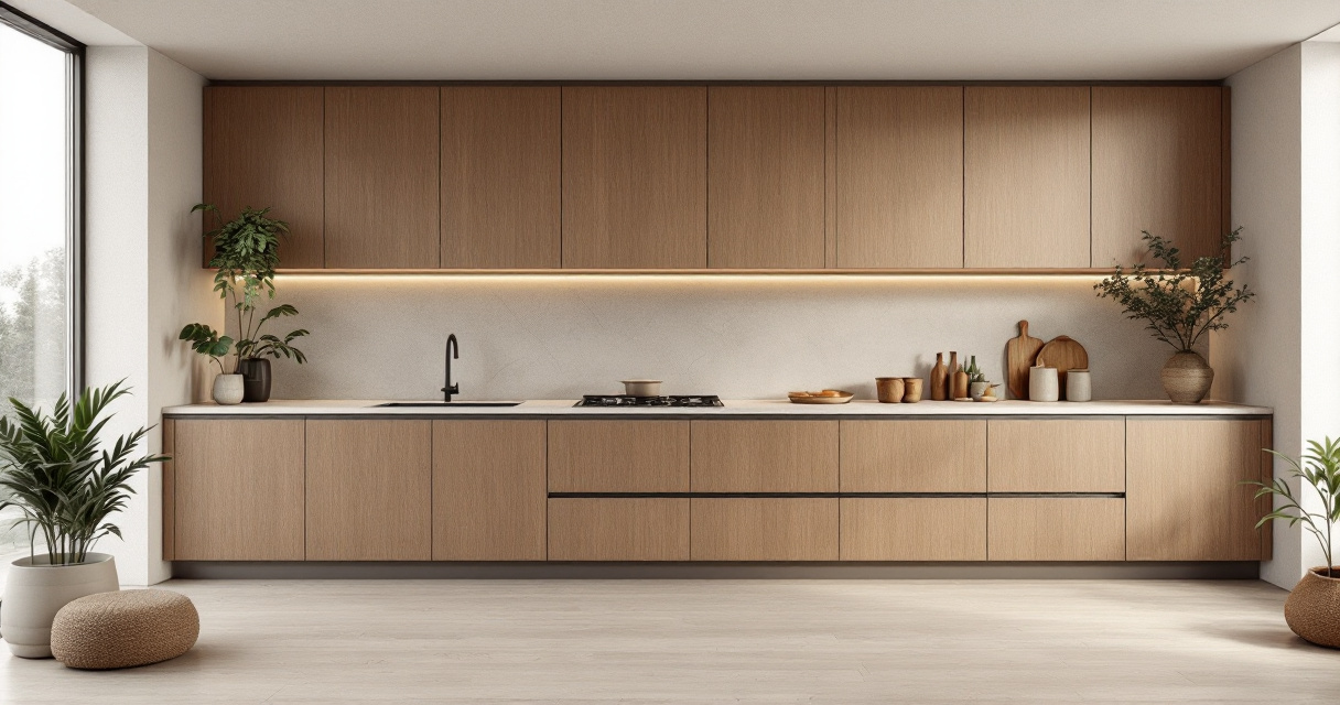 Helle und minimalistische Küche mit matten Holzfronten und integrierter LED-Beleuchtung unter den Oberschränken, pflanzlicher Dekoration und modernen Armaturen als Beispiel für Küchenmodernisierung kompakt.