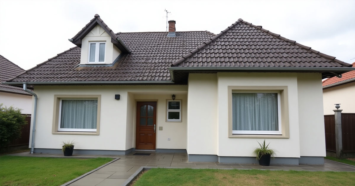 Projekt 375 zeigt ein modernes Einfamilienhaus mit braunem Ziegeldach und cremefarbener Fassade.