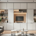 Modern eingerichtetes Wohnzimmer mit großer Fensterfront, grauem Sofa, zwei runden Couchtischen und einer Wand mit Ständerwand Montage, die Fernseher, Regale und Schränke mit integrierter Beleuchtung umfasst.