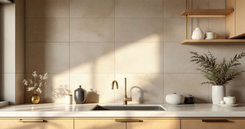 Moderne Küche mit minimalistischer Gestaltung, naturfarbenen Accessoires und einer klaren, rechteckigen Anordnung der Wandfliesen Design, die für eine dezente und elegante Atmosphäre sorgt.