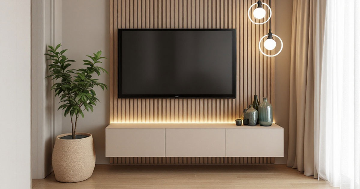 Wohnzimmer renovierung mit einem großen Fernseher und dekorativer Beleuchtung.
